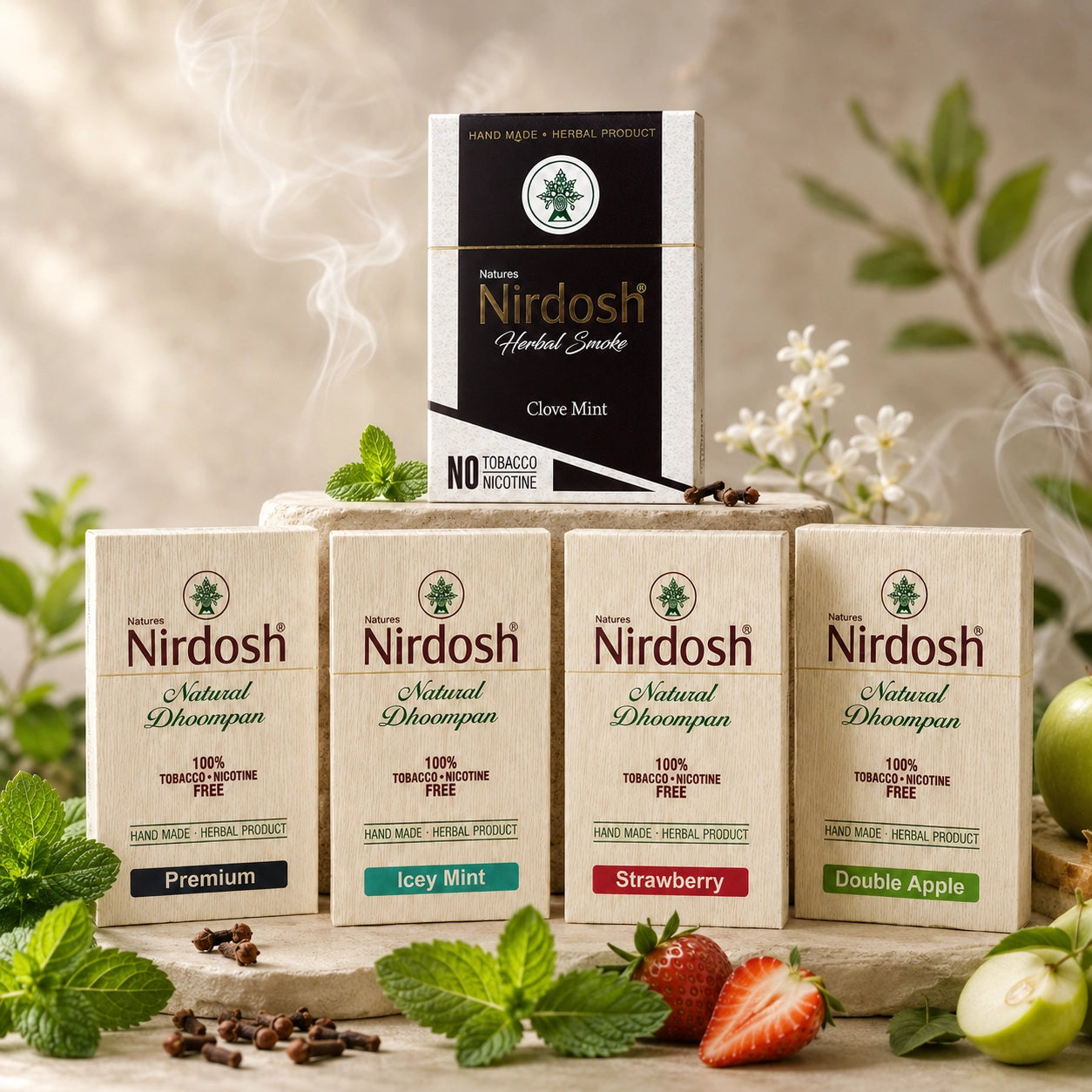 ミントやフルーツを背景に配置したNirdosh Herbal Smoke 5種セットのイメージ画像。