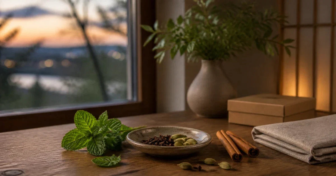 香りを楽しむ時間のつくり方の記事アイキャッチ。【セット】Nirdosh Herbal Filter Dhoompanとハーブ素材を並べたイメージ