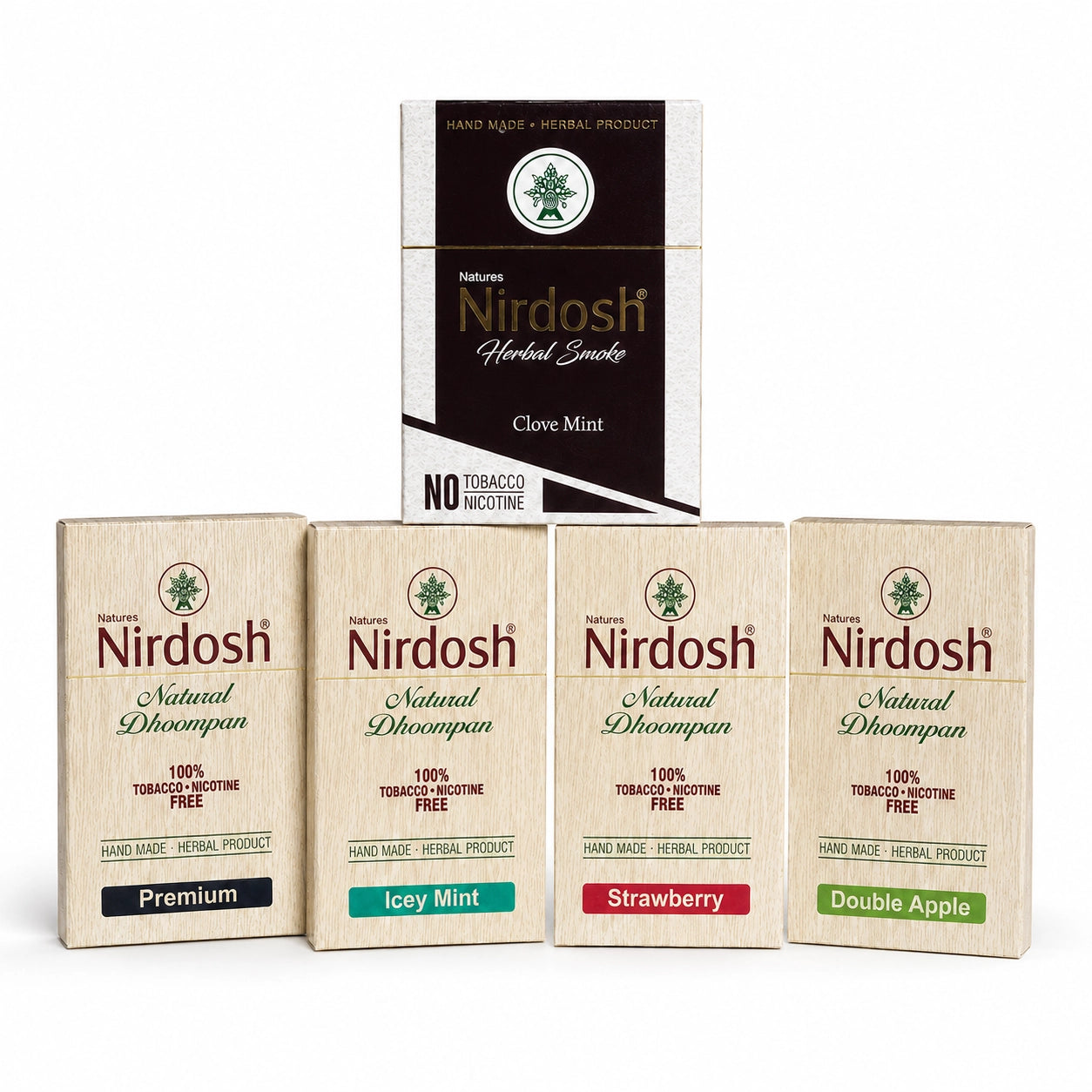 Nirdosh Herbal Smoke 5種セットの商品画像。Premium、Icey Mint、Strawberry、Double Apple、Clove Mintをラインアップ。