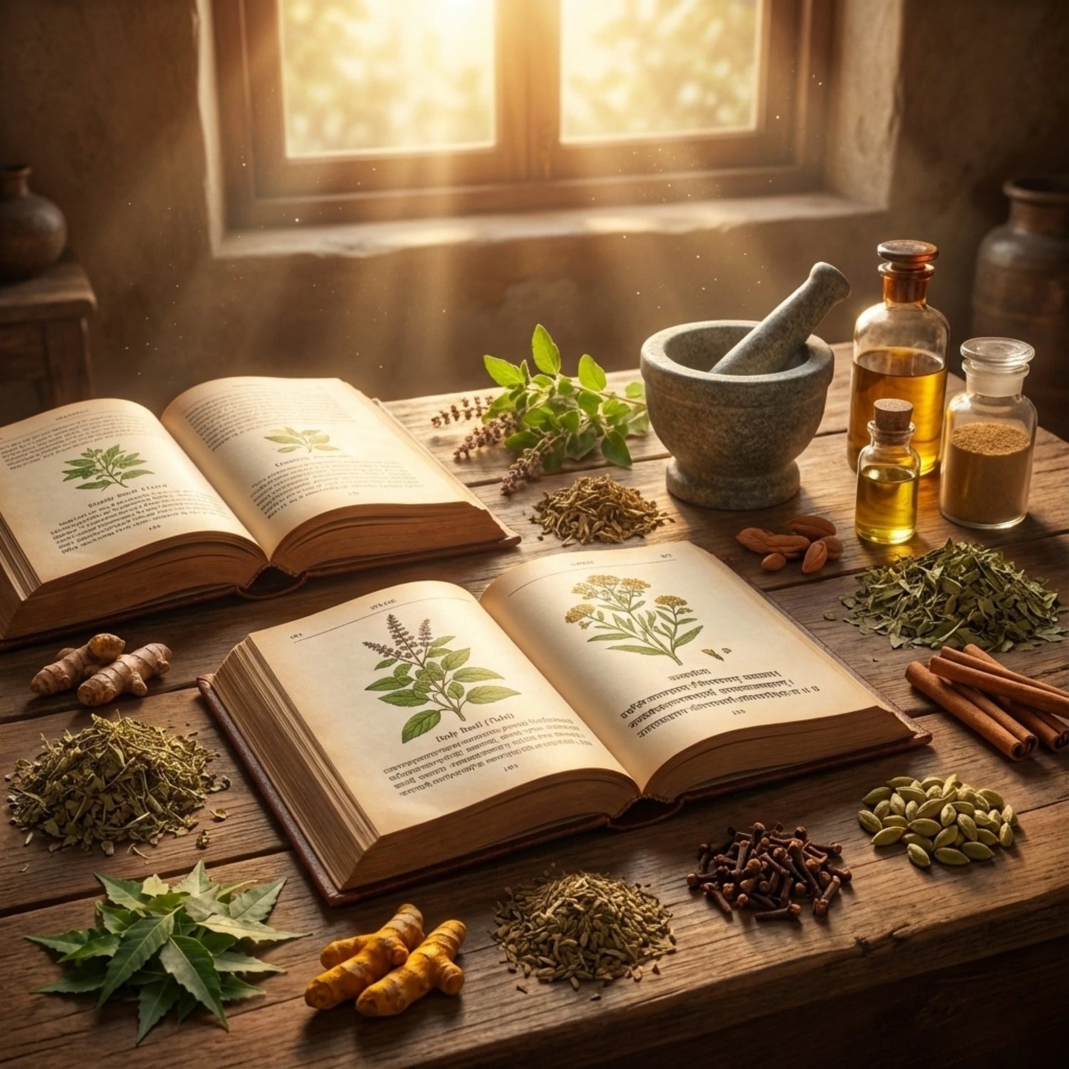 ハーブや植物の図鑑と薬草、オイルなどを机の上に並べた、自然療法やアーユルヴェーダをイメージしたシーン。